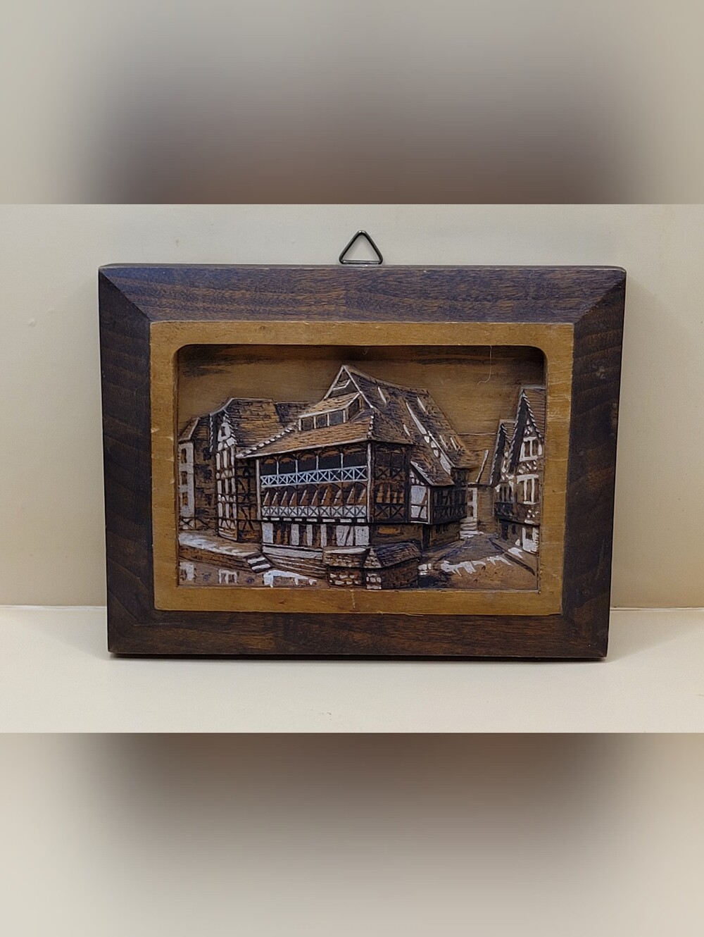 Vintage 3D Carved Wood Relief Plaque Strasbourg France Le Bain aux Plantes Folk